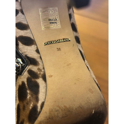 Dolce & Gabbana Leopard Print Calf Hair Ankle Boots Pointed Toe Stiletto 38