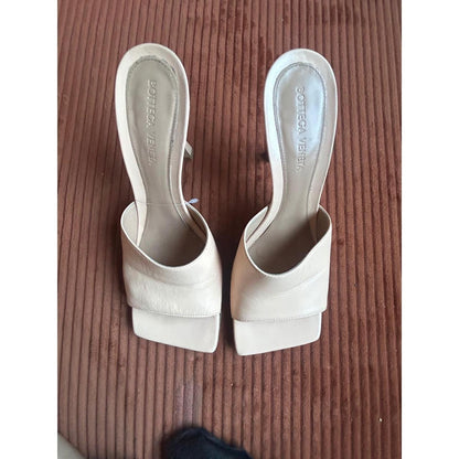 Bottega Veneta Stretch Mules Macadamia Beige Leather Square Toe Sandals 38