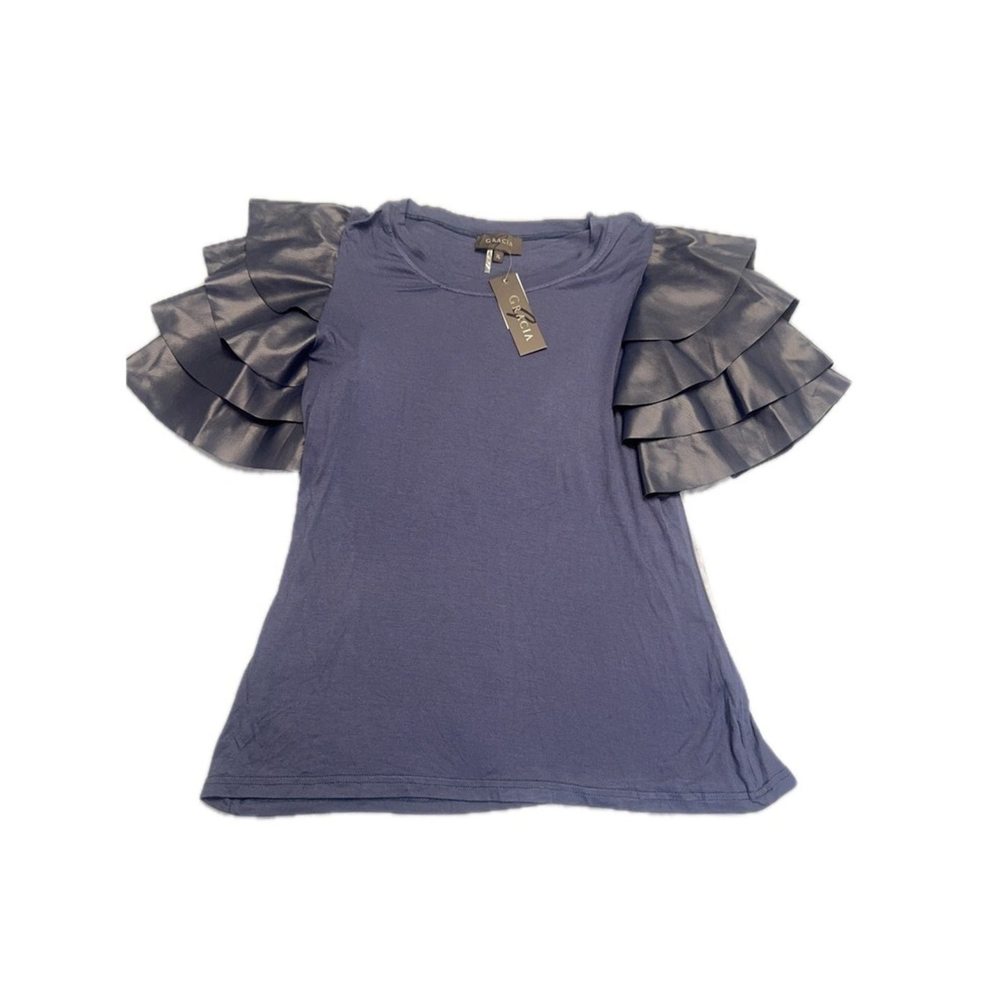 Gracia Top Navy Blue Faux Leather Ruffle Sleeve Crew Neck Short Sleeve XL