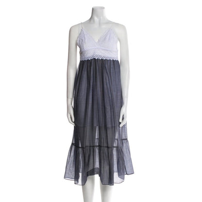 Sandro Sheer Stripe Lace Trim Maxi Dress Spaghetti Strap V Neck