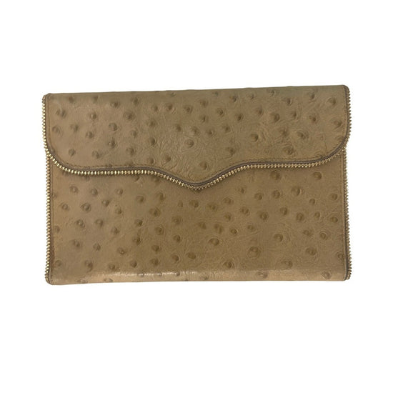 Rebecca Minkoff Ostrich Embossed Leather Zip Around Wallet Beige Gold Tone