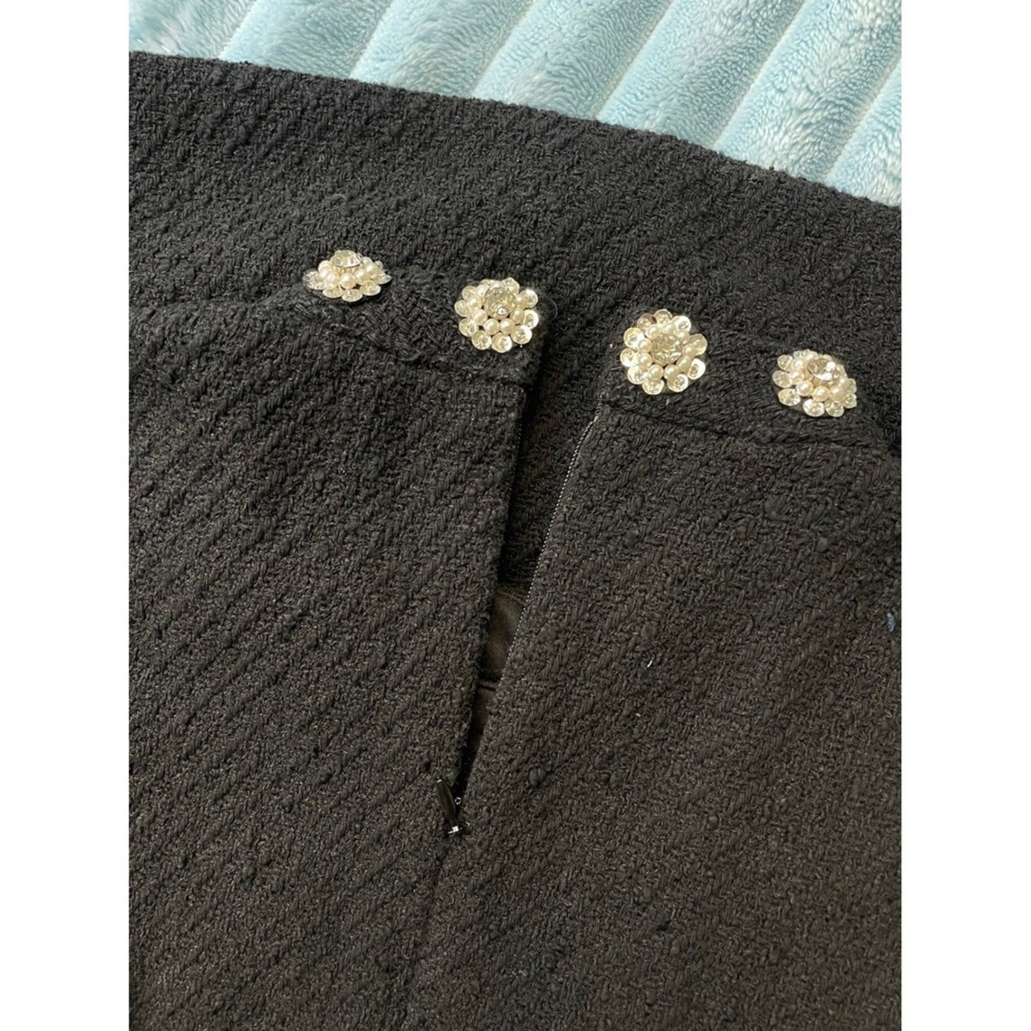 Other Stories Black Textured Short Sleeve Dress Embellished Collar