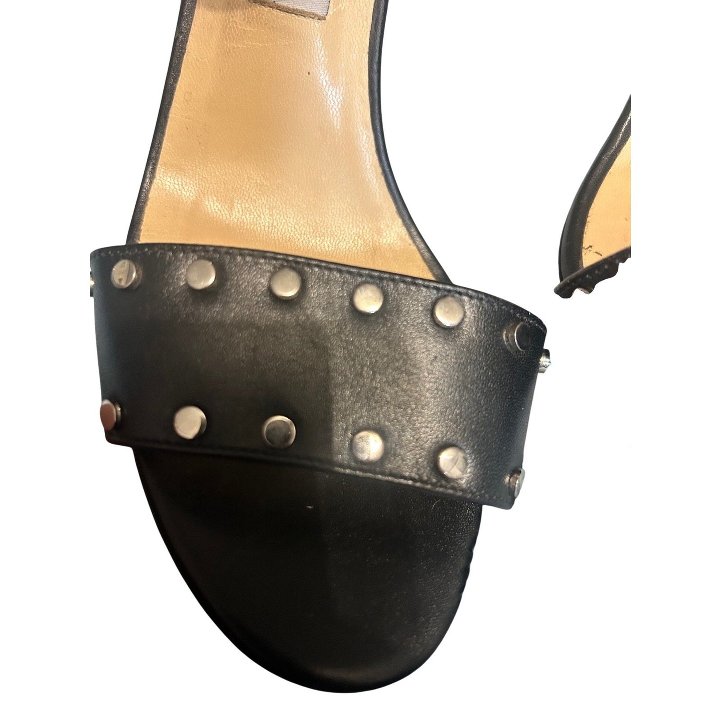 Jimmy Choo Studded Leather Block Heel Sandals Womens 40 Black Silver Studs Good