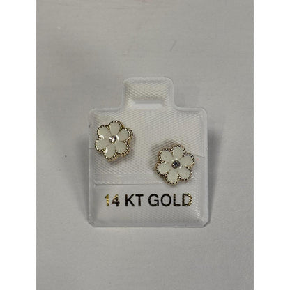 14K Gold White Enamel Flower Crystal Stud Earrings