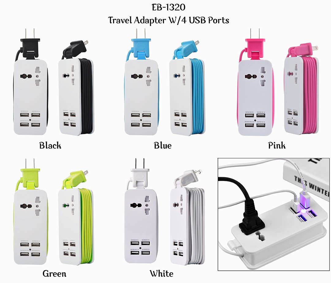 Travel Charger with 4 USB Ports: Green