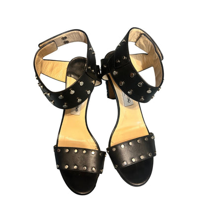 Jimmy Choo Studded Leather Block Heel Sandals Womens 40 Black Silver Studs Good