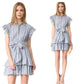 Striped Ruffle Mini Dress Blue White Button Front Short Sleeve Tie Waist L