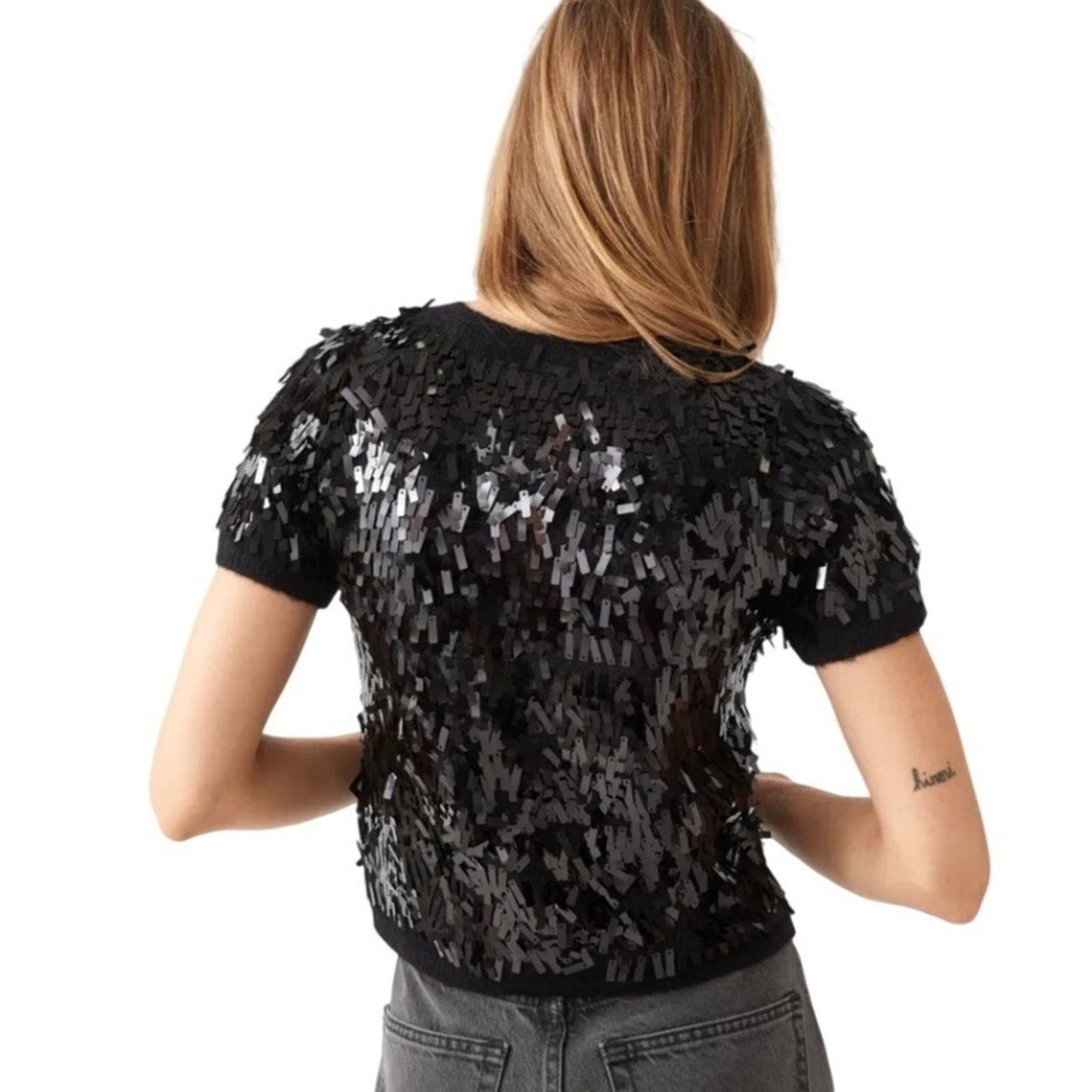 Other Stories Black Sequin Fringe Knit Sweater Top Short Sleeve Crew Neck size M