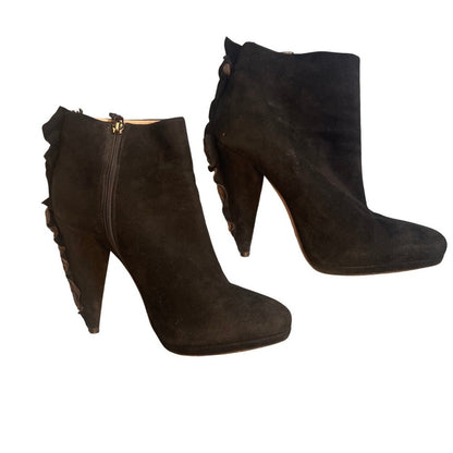 Prada Black Suede Ruffle Accent Ankle Boots Heels Size 37.5  -7.5 -8 Italian