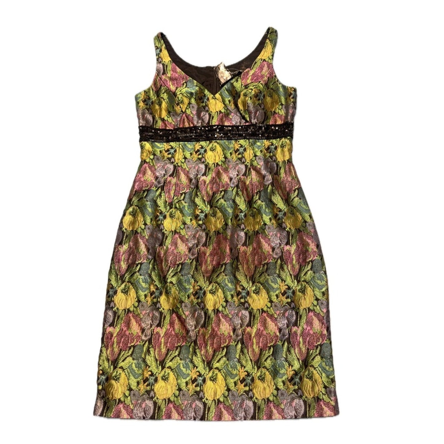 Carmen Marc Valvo Collection Floral Jacquard Dress Black Sequin Waist Size 10