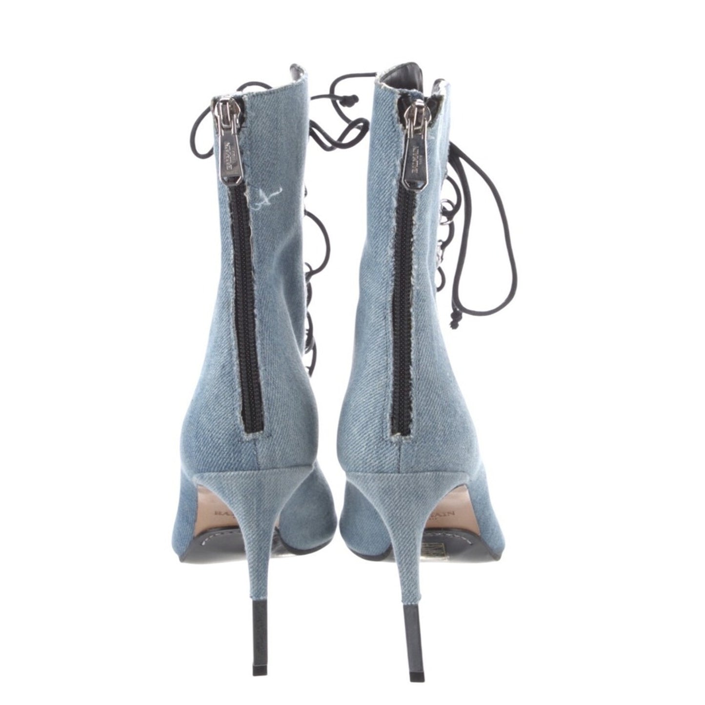 Balmain Paris Denim Lace Up Peep Toe Stiletto Heeled Booties Ankle Boots 6.5