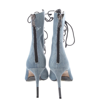 Balmain Paris Denim Lace Up Peep Toe Stiletto Heeled Booties Ankle Boots 6.5
