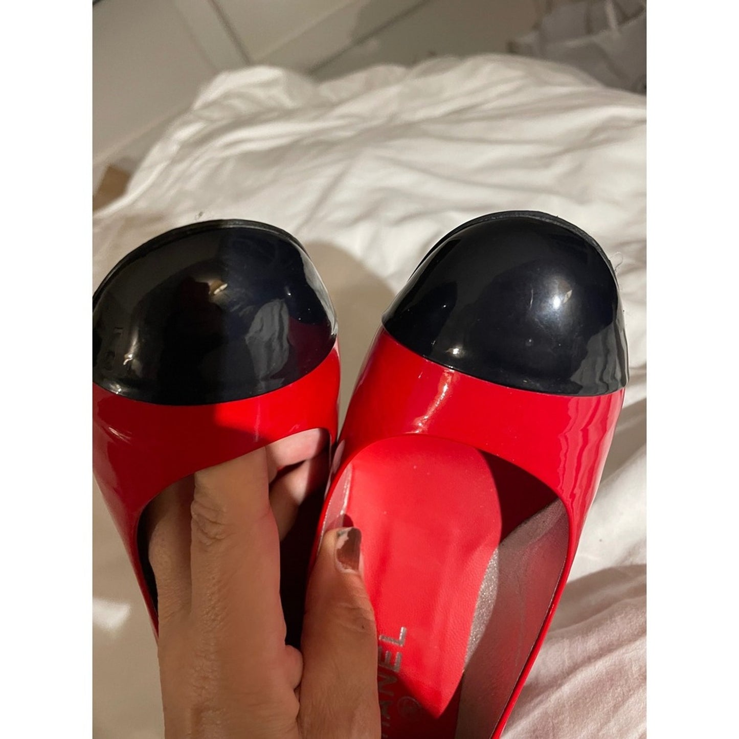 Chanel Red Patent Leather Cap Toe Heels Pumps Shoes Made in Italy Size 38/ USA 8