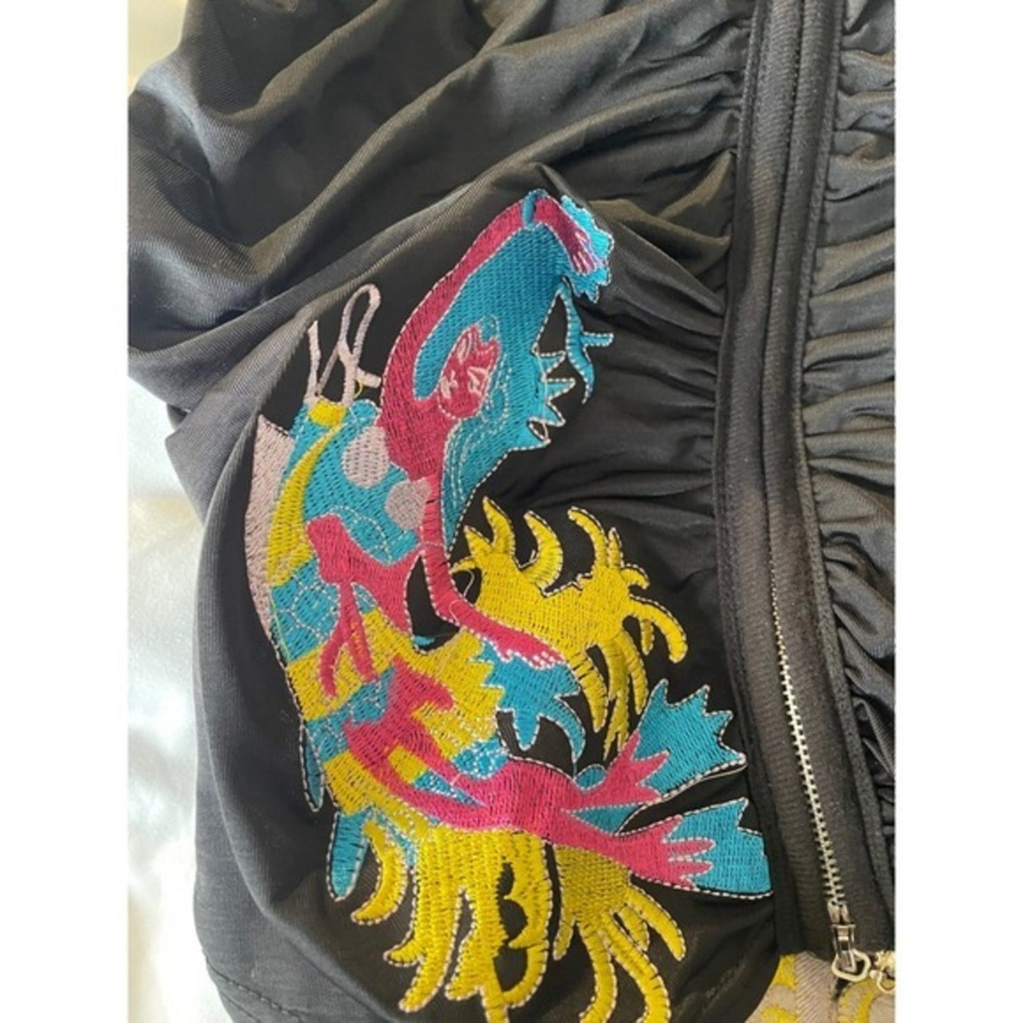 Ed Hardy Black Sleeveless Hooded Ruched Dress Embroidered Dragon Phoenix Size XL