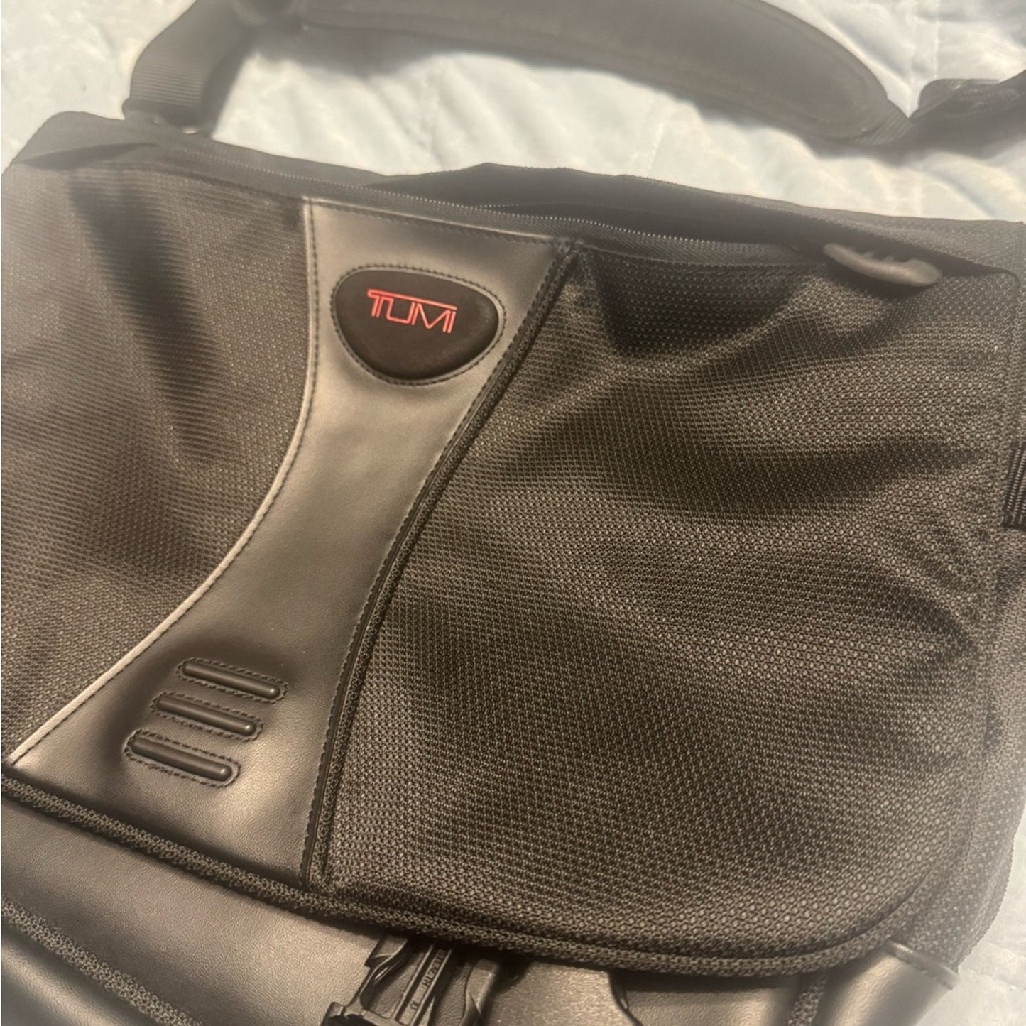 Tumi Black  Messenger Bag with Red Logo