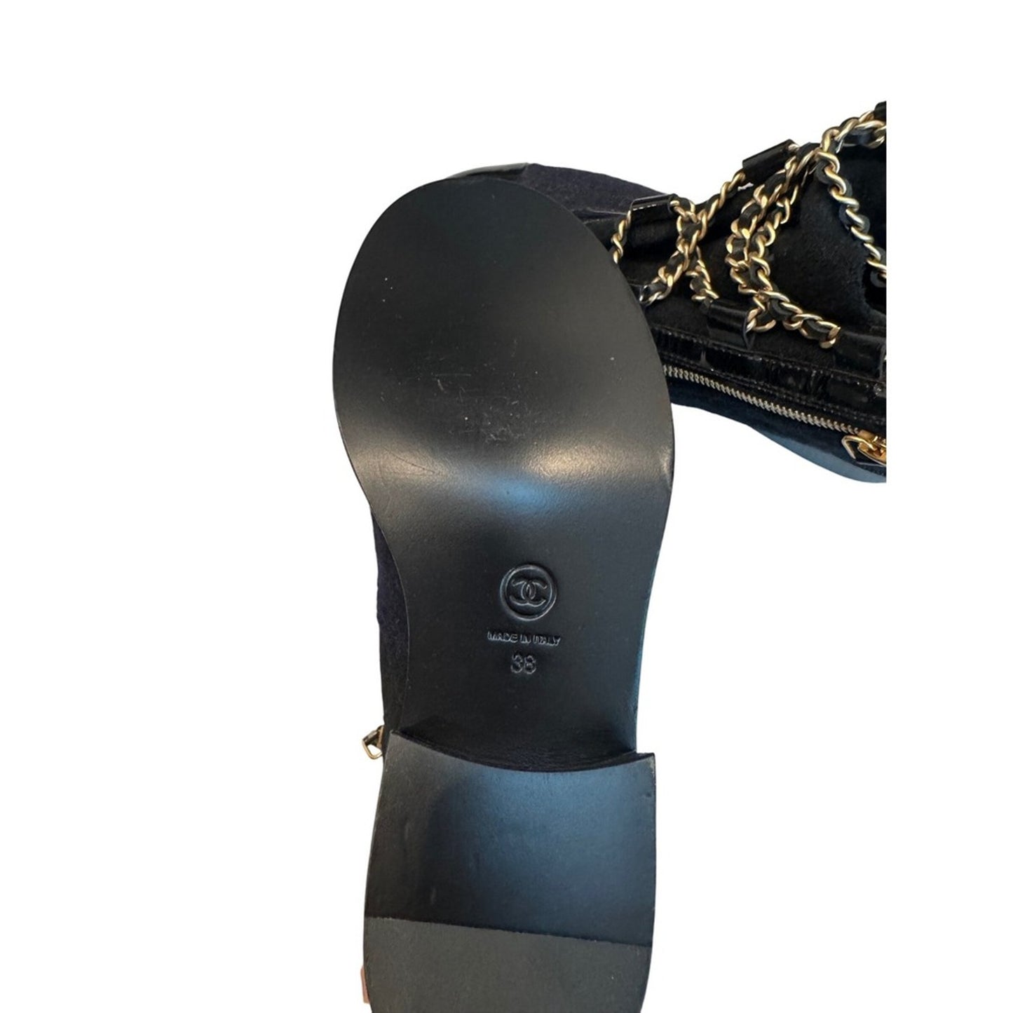 CHANEL Black Tweed Cap Toe Ankle Boots Gold Chain Made in Italy Size 38 new