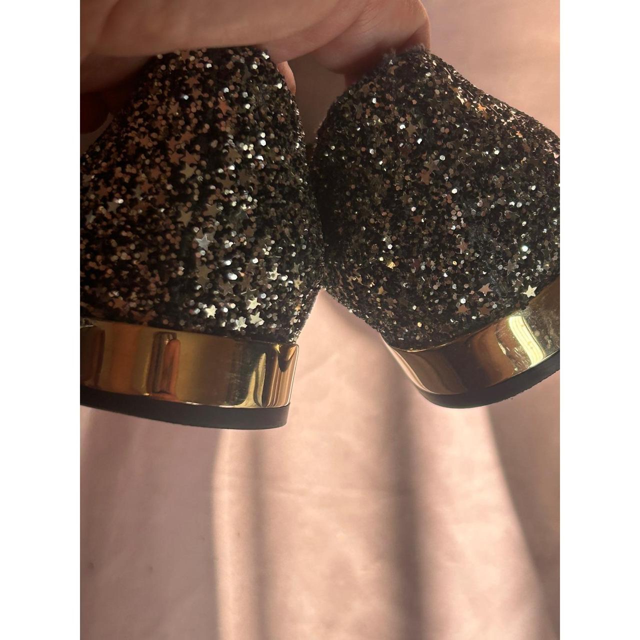 Jimmy Choo Genevi Star Coarse Glitter Toe Flats Gold Heel Black Silver 39