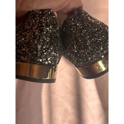 Jimmy Choo Genevi Star Coarse Glitter Toe Flats Gold Heel Black Silver 39