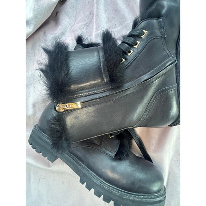 Salvatore Ferragamo Black Leather Fur Trim Gancini Combat Boots Lug Sole Italy