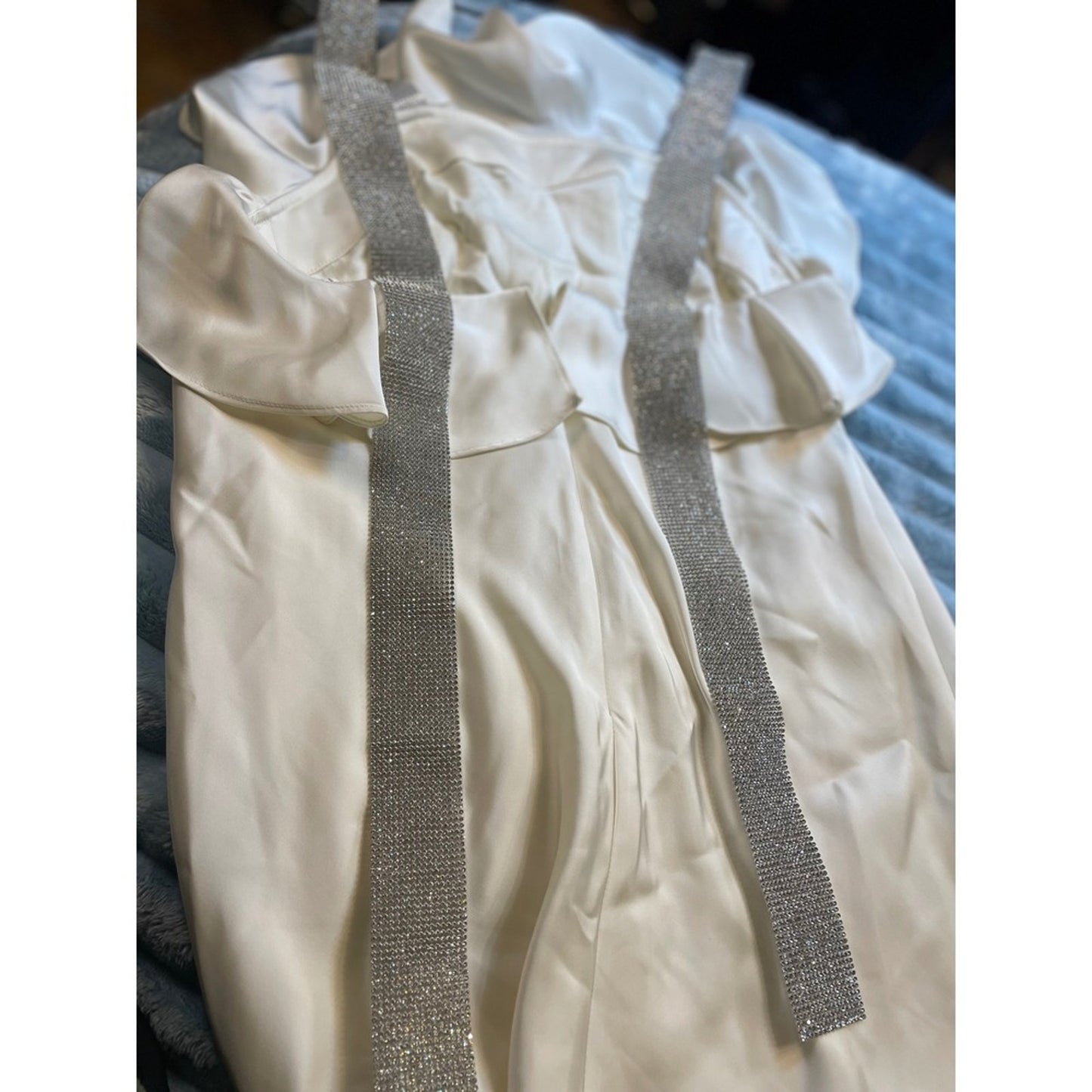 ROTATE Cream Satin Rhinestone Strap Ruffle Dress Mini Party Occasion size S