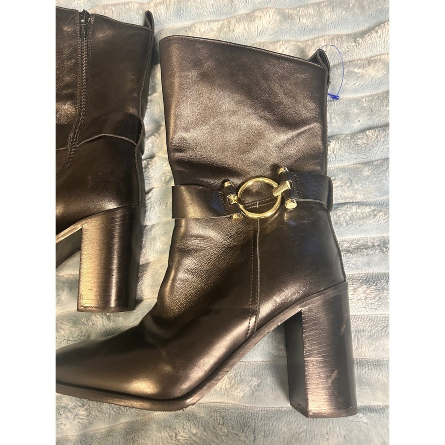 Made in Italy Black Leather Mid Calf Block Heel Boots Gold Ring Buckle A8455 39
