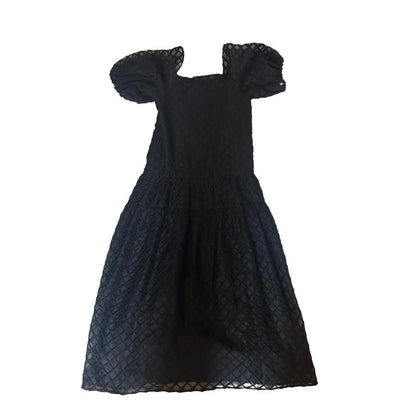 Merlette Midi Dress Women's Size S Black Lattice Silk Puff Sleeve