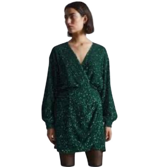 Other Stories Green Sequin Wrap V Neck Long Sleeve Mini Dress NWT size 10