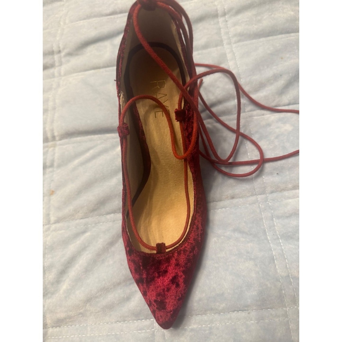Rave Red Velvet Heels Pointed Toe Lace Up Ankle Tie Pumps Party Shoes size 37