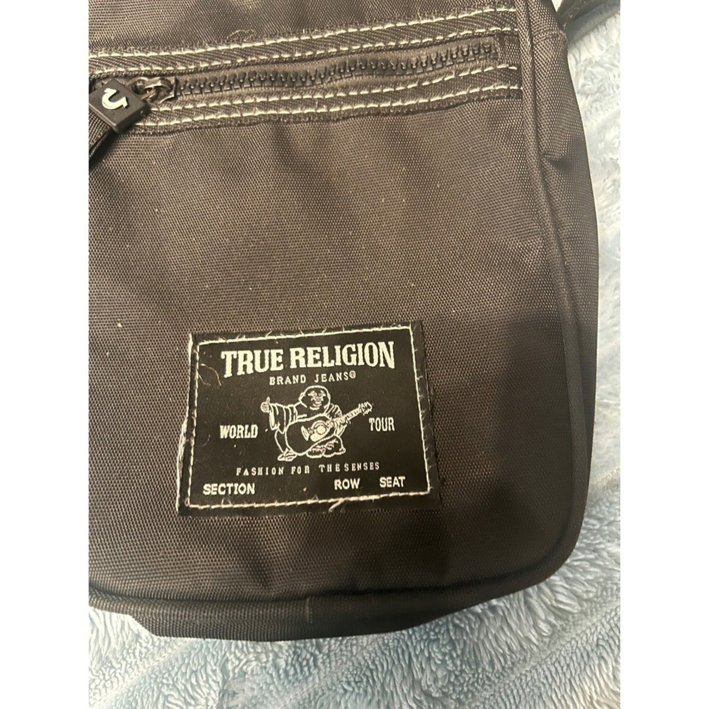 True Religion Crossbody Bag Mens OS Black Excellent Canvas Buddha Patch Zip Bag