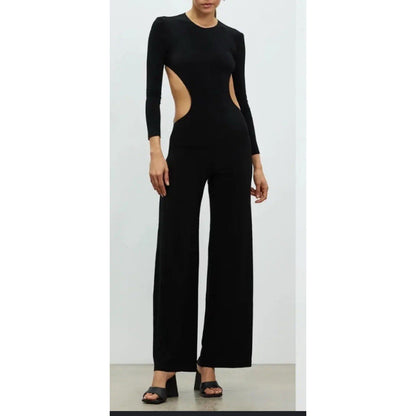 Norma Kamali Slip Jumpsuit Wide Leg Low Back Sleeveless V Neck Black Size XS/34