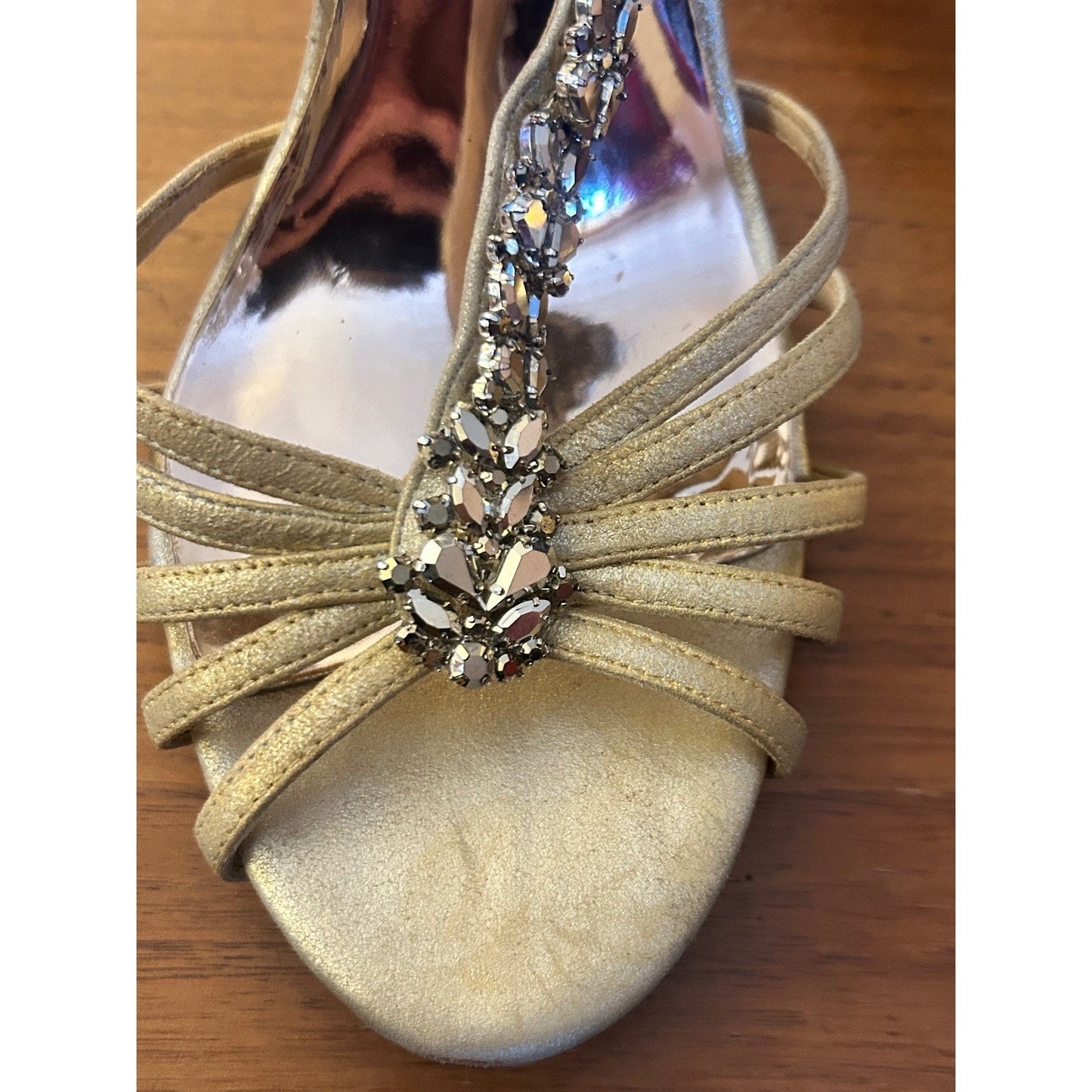 Badgley Mischka Gold Crystal T-Strap Stiletto Heels Womens 9.5 Formal Wedding