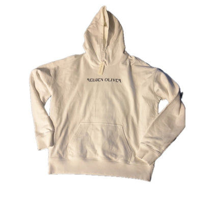 NWT REUBEN OLIVER Cream White Embroidered Logo Hoodie Pullover Sweatshirt Size L