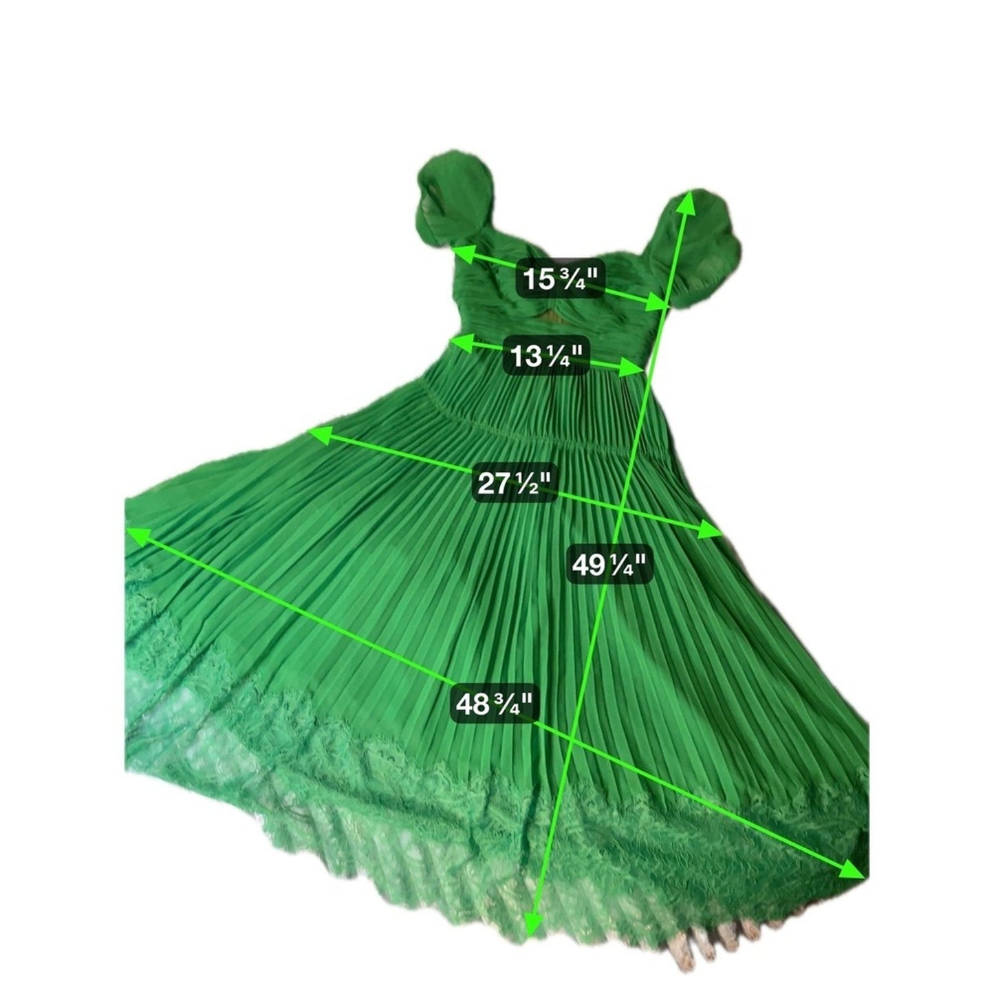 Self-Portrait Green Pleated Midi Dress | Lace Trim | Size US 4