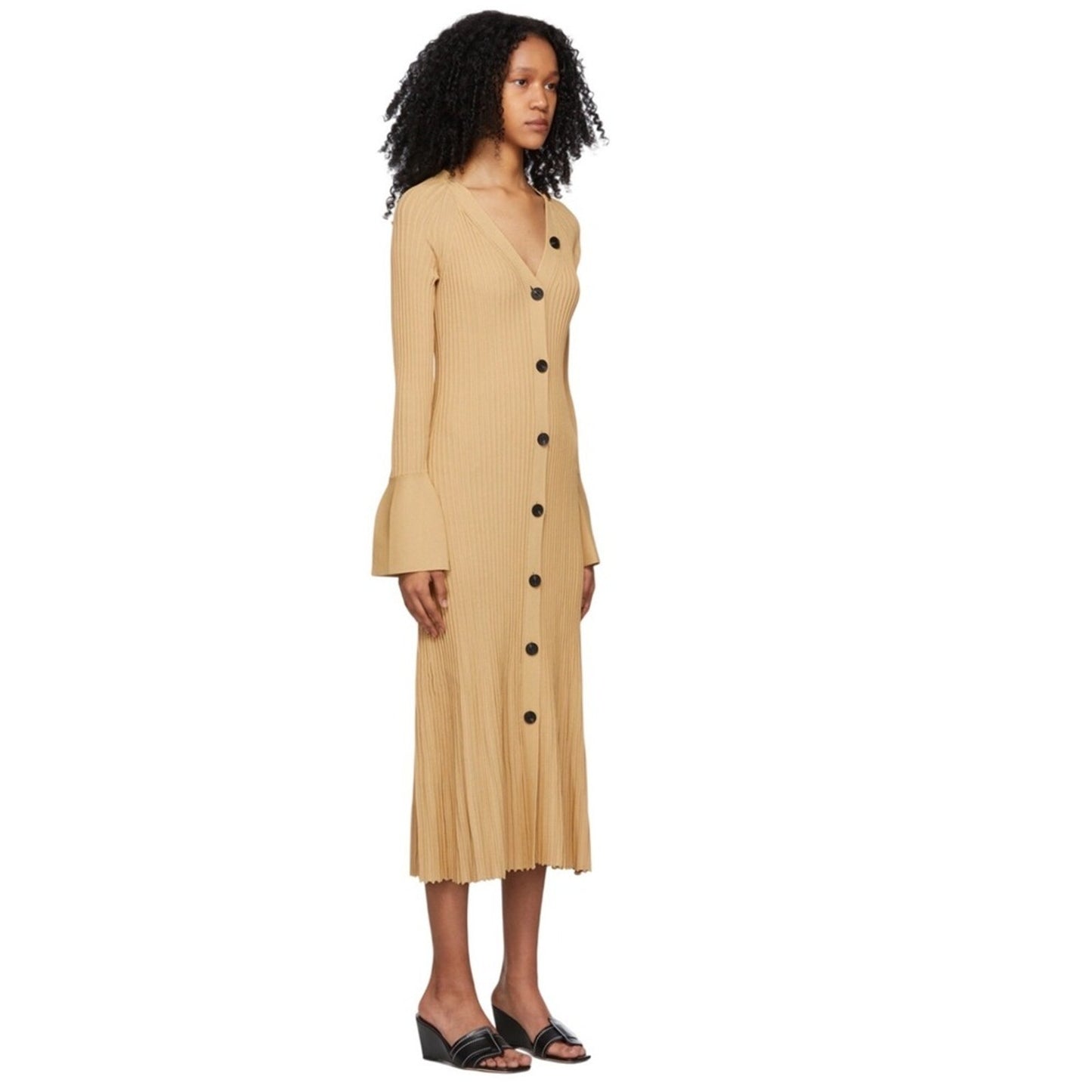 Proenza Schouler Ribbed Knit Long Sleeve Maxi Cardigan Dress Mustard Yellow S