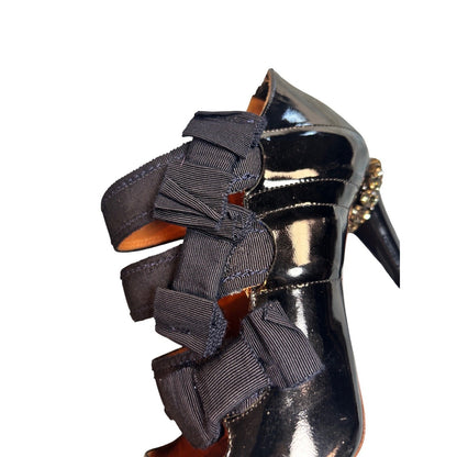 Lanvin Black Patent Leather Bow Gladiator Heels Shoes