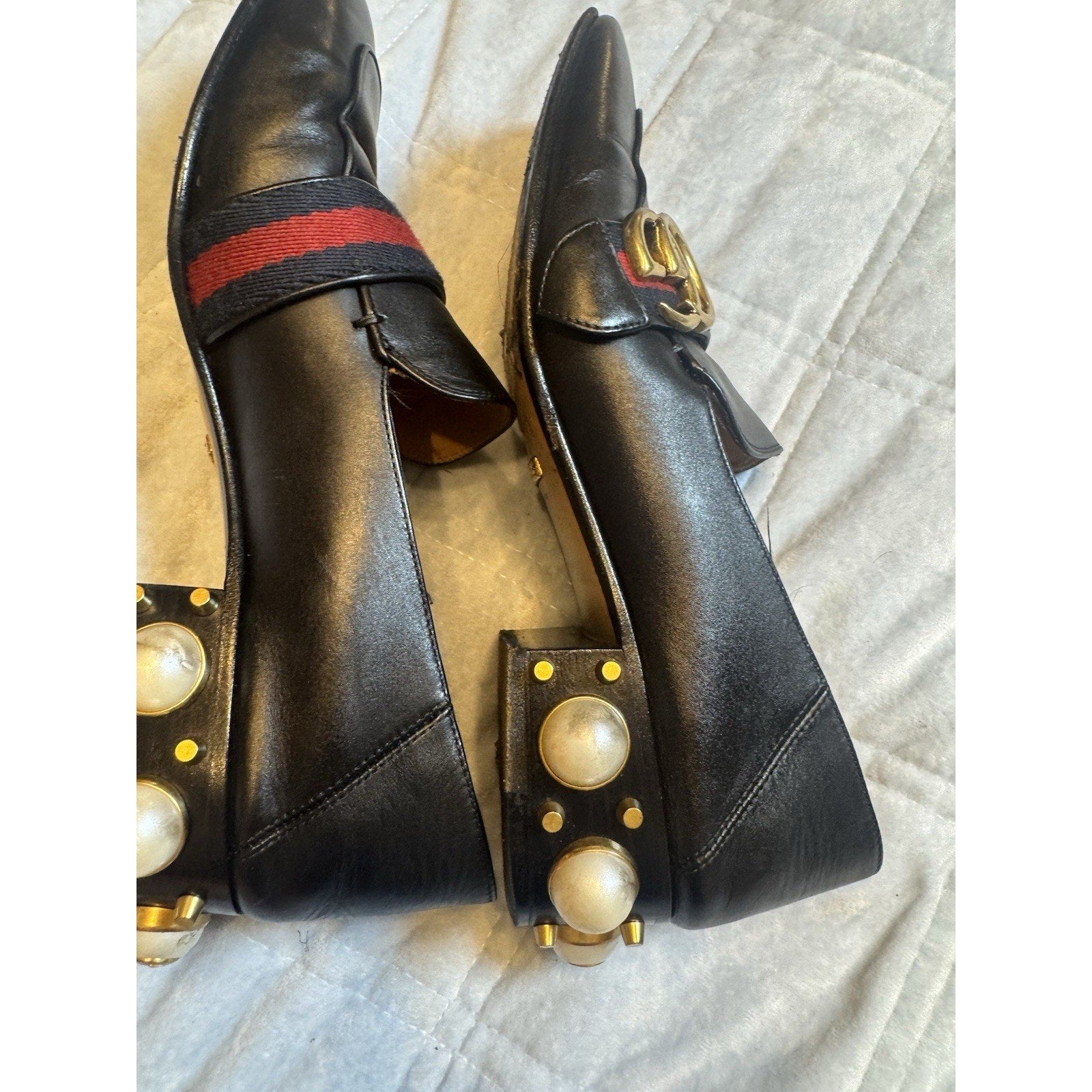 Gucci Marmont Pearl Heel Loafers Black Leather GG Web Stripe Size 37 (US 7)