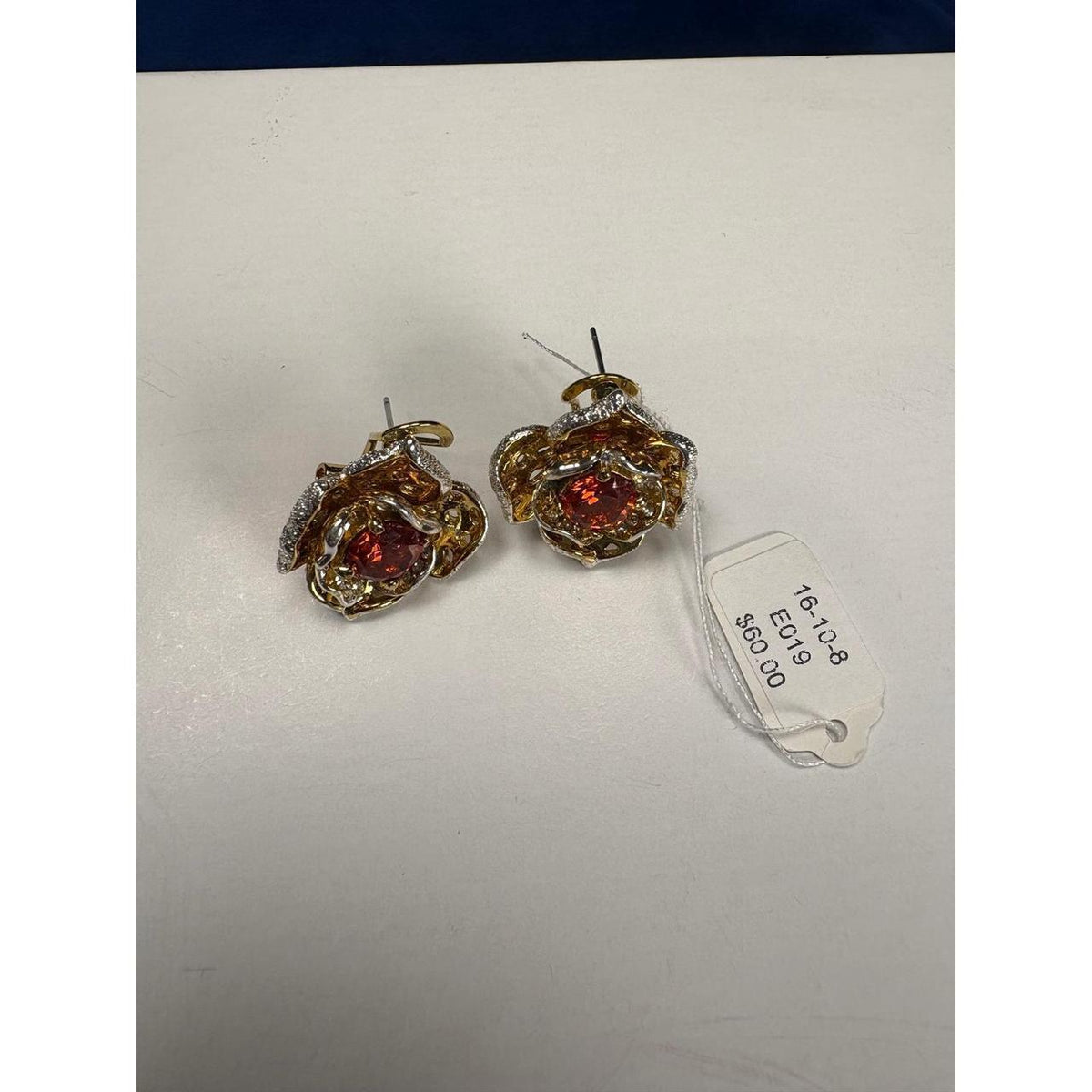 Red Rose Gemstone Earrings Gold Silver Tone Accents