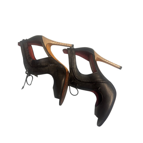 Coach Black Leather Lace-Up Cutout Heels w/ Snakeskin Stiletto | Size 7.5