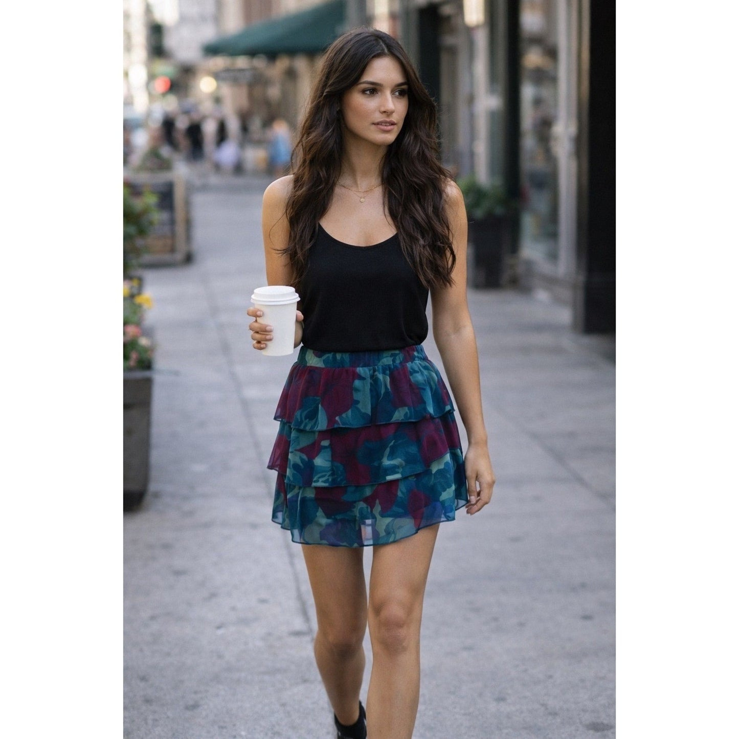 Ramy Brook Floral Print Ruffle Mini Skirt Teal Burgundy Size Medium