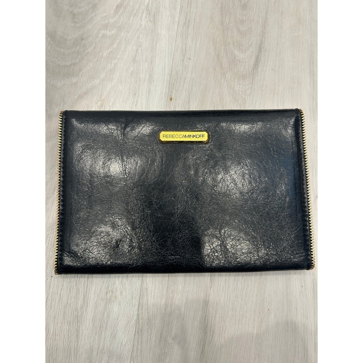 Rebecca Minkoff Black Leather Zip Around Wallet Organizer Paper Plastic Gold