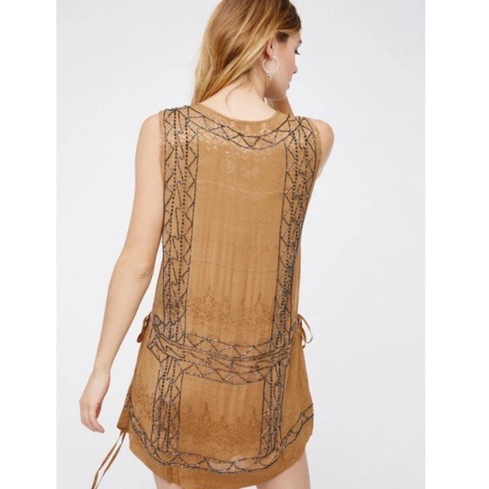 Free People Dress Tan Sleeveless Beaded Accents Boho Mini Dress