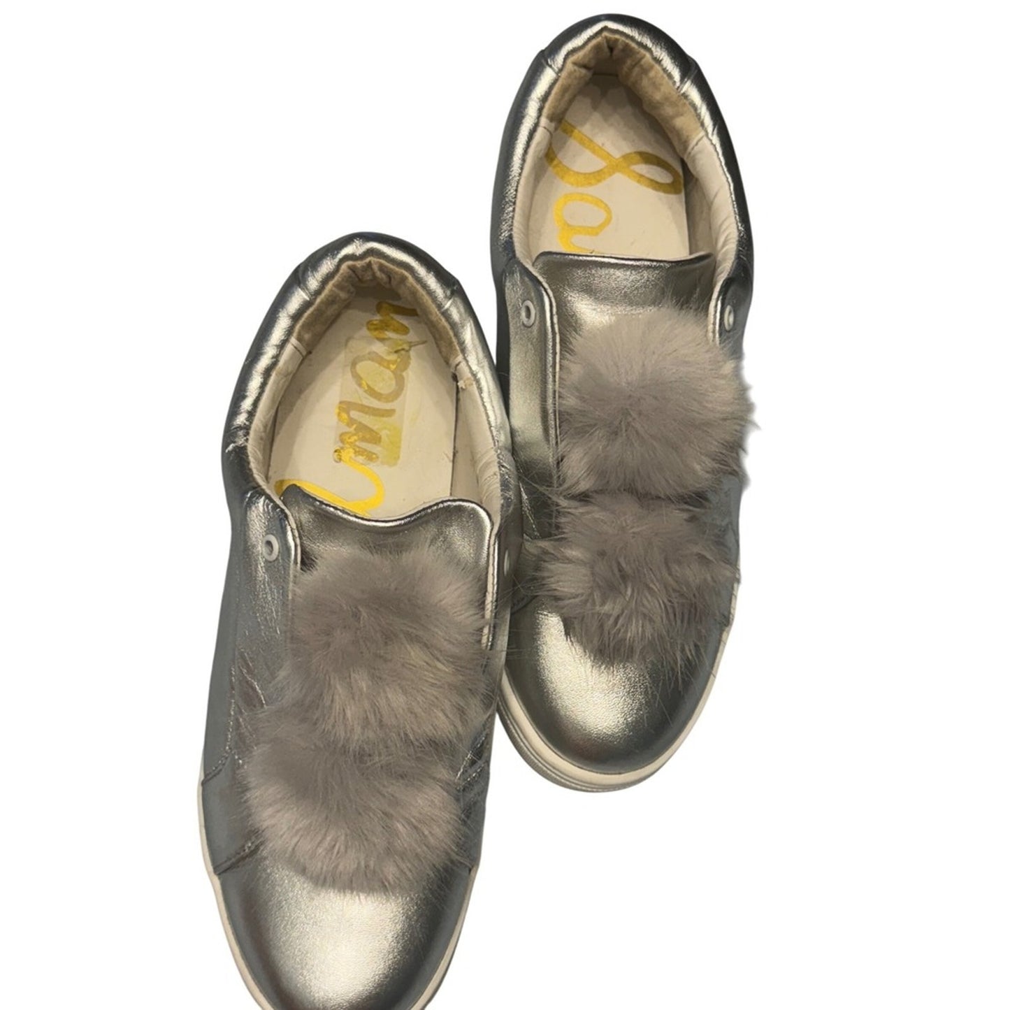 Sam Edelman Women's LEYA US 10.5 Silver Leather Faux Fur Slip On Sneakers