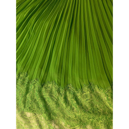 Self-Portrait Green Pleated Midi Dress | Lace Trim | Size US 4