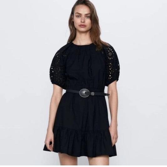 Zara Black Eyelet Puff-Sleeve Mini Sundress Women's M
