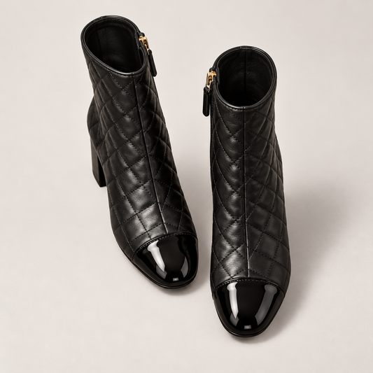 CHANEL black quilted suede patent cap-toe ankle boots