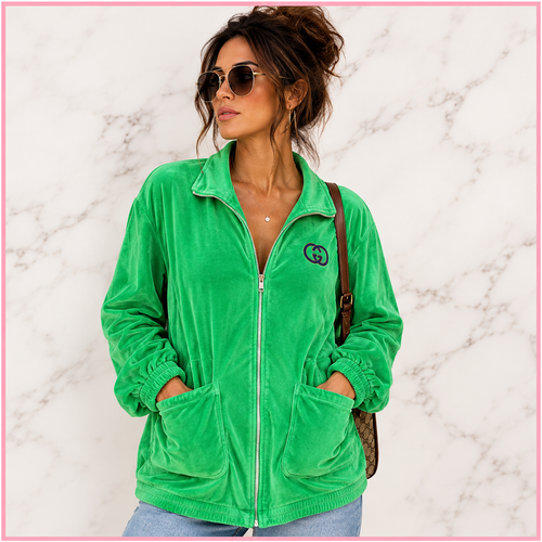 Gucci green velour track jacket rainbow Interlocking G