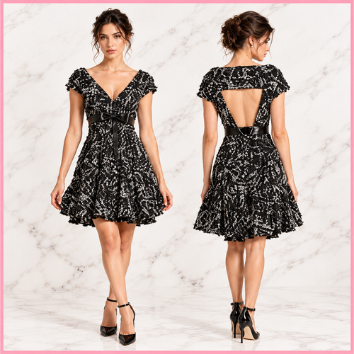 CHANEL Karl Lagerfeld black white wool leather bow cutout dress