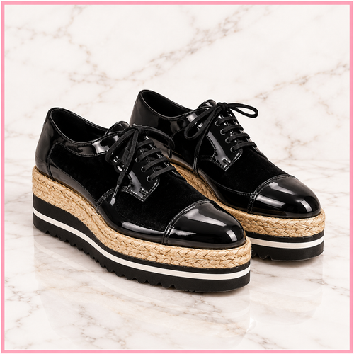 Prada black velvet platform oxfords espadrille trim
