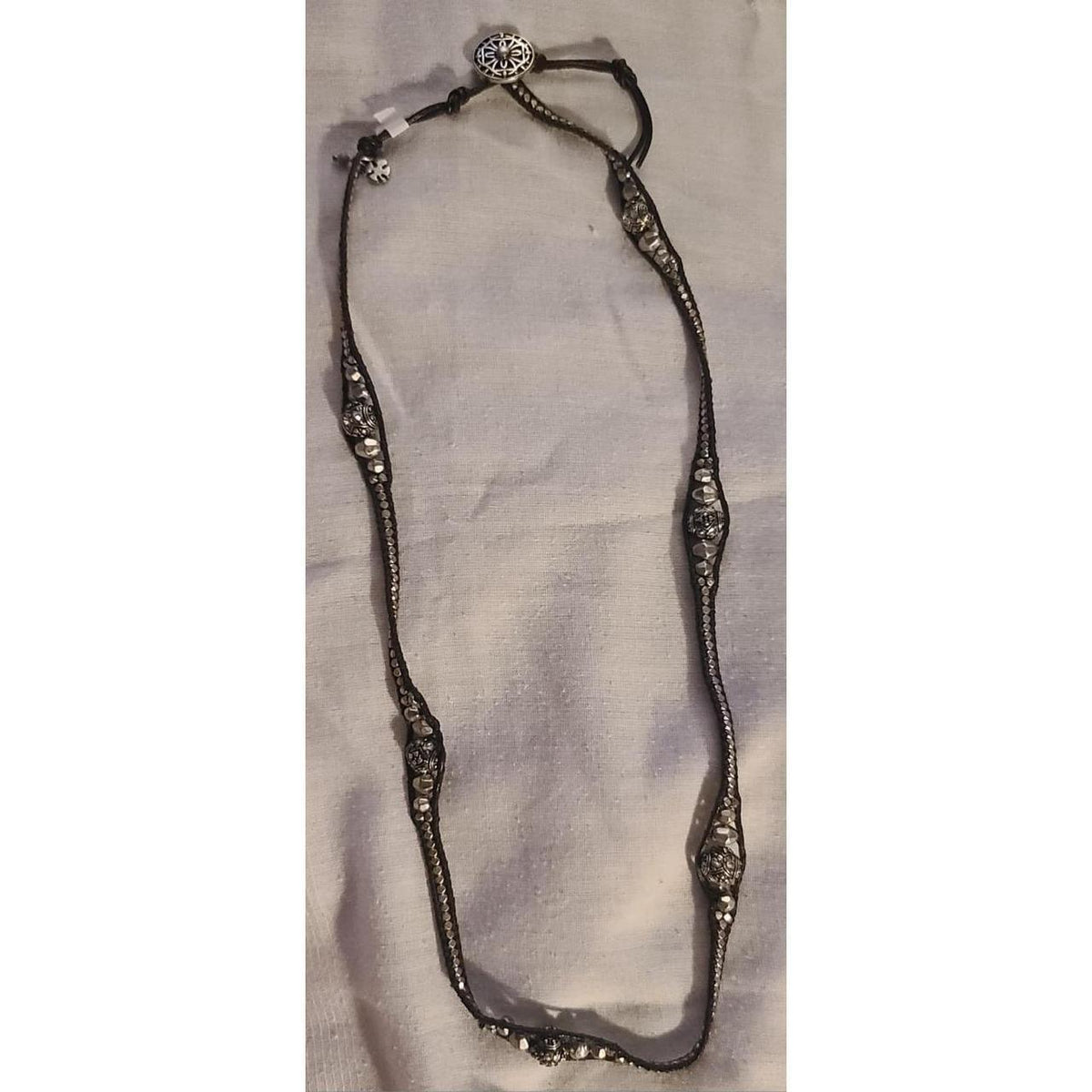 Chan Luu Leather Beaded Wrap Necklace Black Silver Crystal
