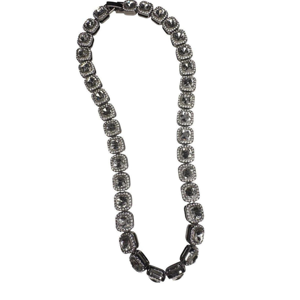 Chunky Silver Tone Cushion Cut Rhinestone Necklace Statement Sparkle